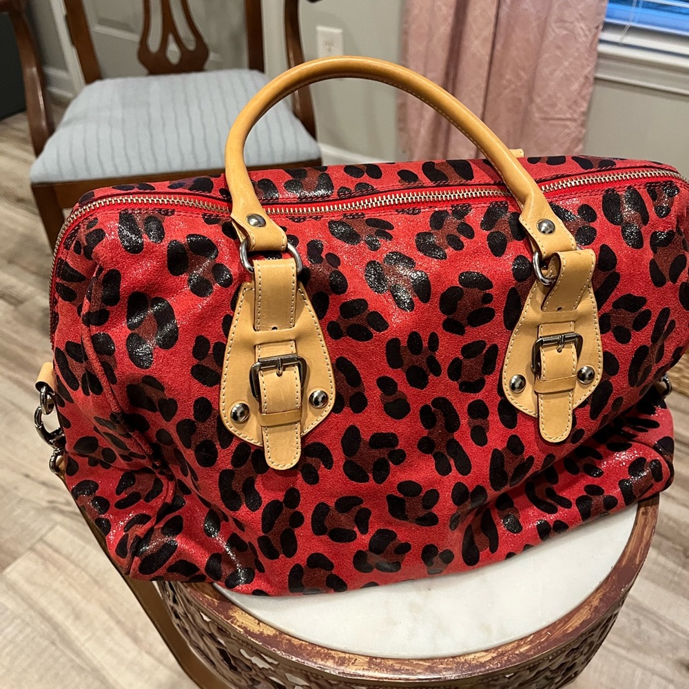 Used Maurizio Taiuti Stylish Red Leopard Print Leather Handbag